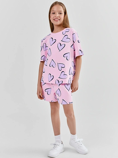 картинка Комплект для девочек розовый с принтом в сердечко из хлопка от известного бренда одежды для девочек Mark Formelle