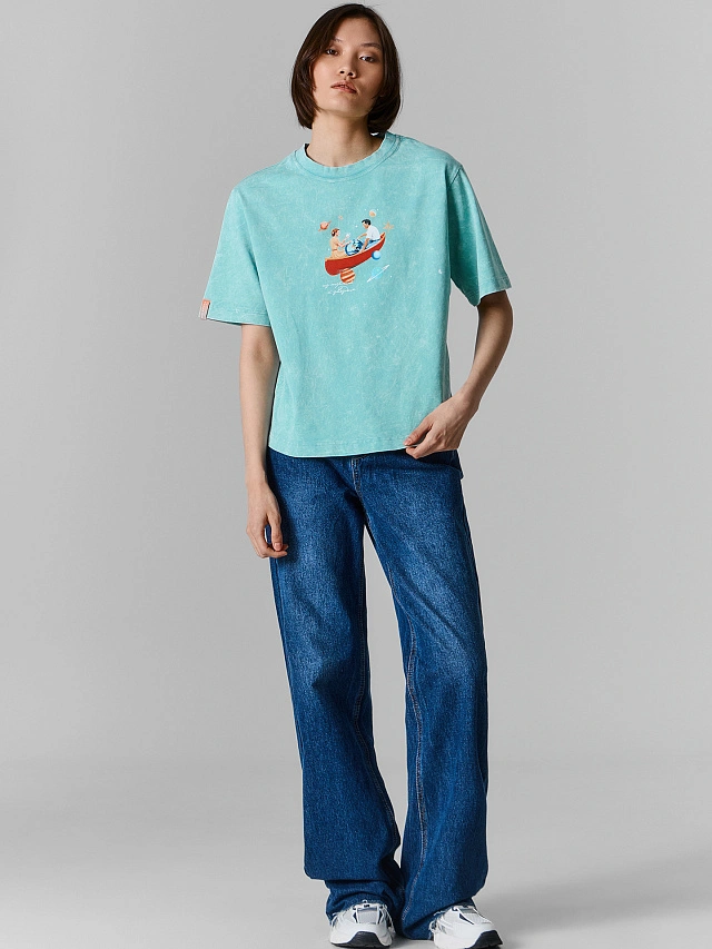 Футболка женская бирюзовая с обработкой эйсид оверсайз - 2