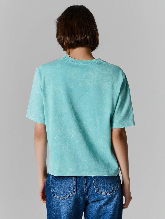 Футболка женская бирюзовая с обработкой эйсид оверсайз - 3