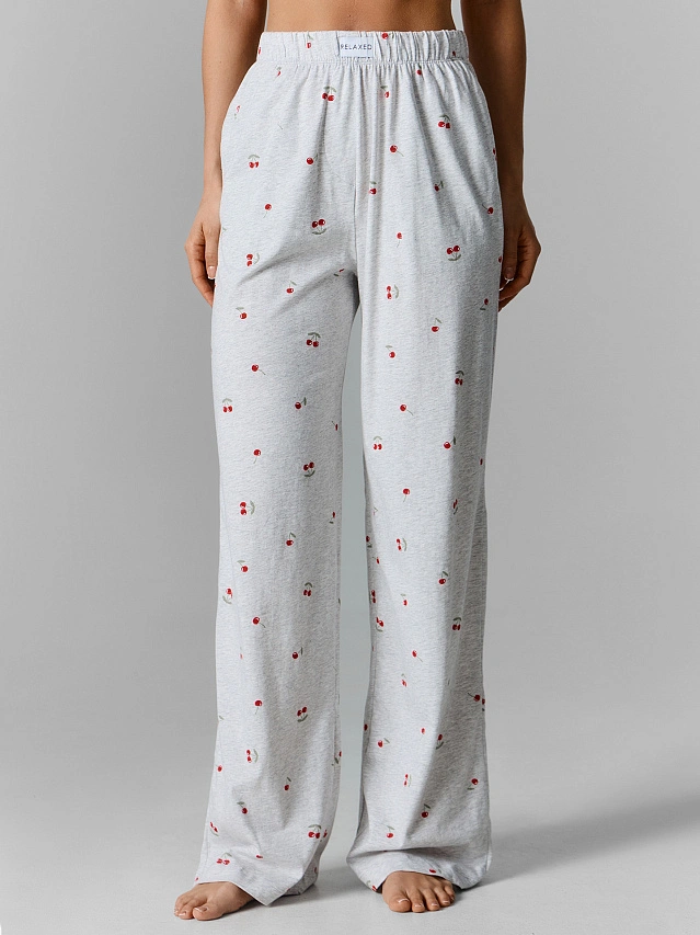 Брюки домашние женские серые с принтом вишни из хлопка - 4