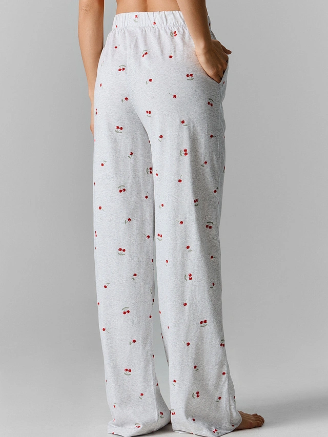 Брюки домашние женские серые с принтом вишни из хлопка - 5