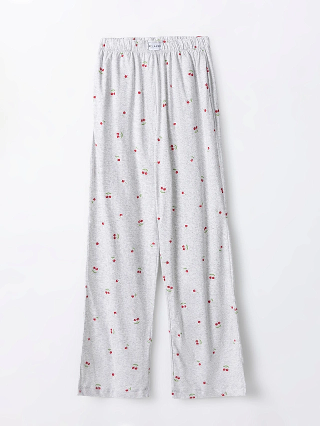 Брюки домашние женские серые с принтом вишни из хлопка - 6
