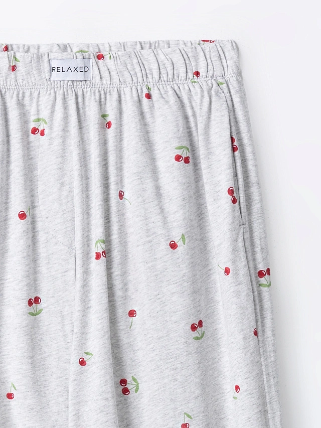 Брюки домашние женские серые с принтом вишни из хлопка - 7