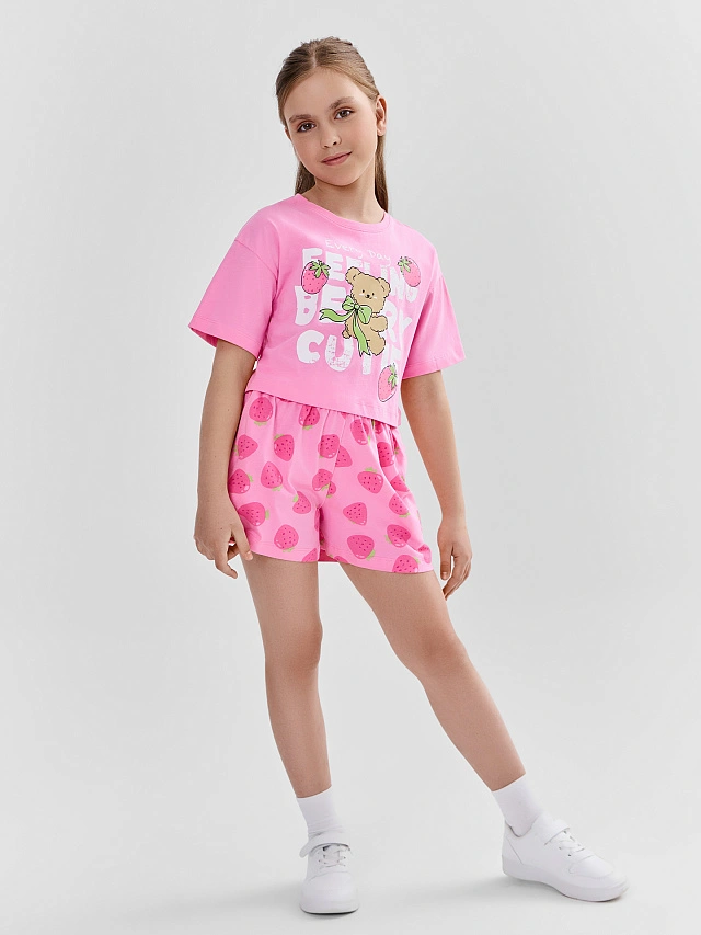 Комплект для девочек розовый с принтом укороченный из хлопка