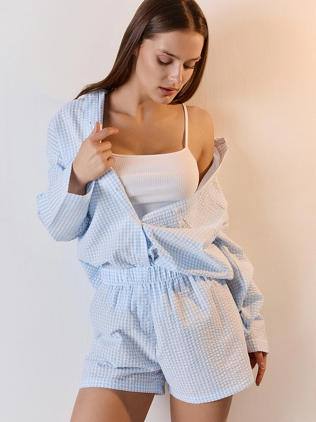 Рубашка домашняя женская голубая в клетку - 2