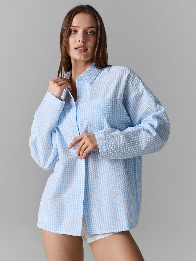 Рубашка домашняя женская голубая в клетку - 4