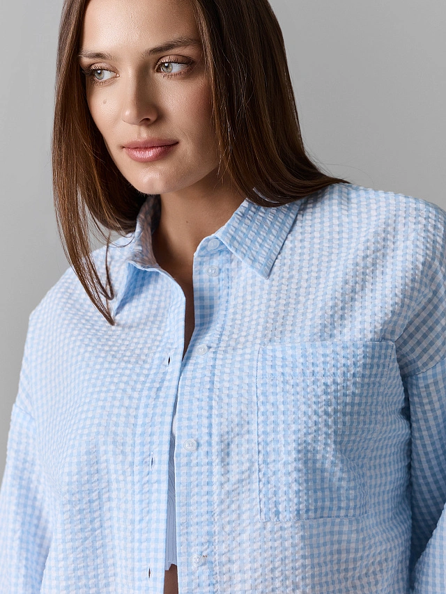 Рубашка домашняя женская голубая в клетку - 5