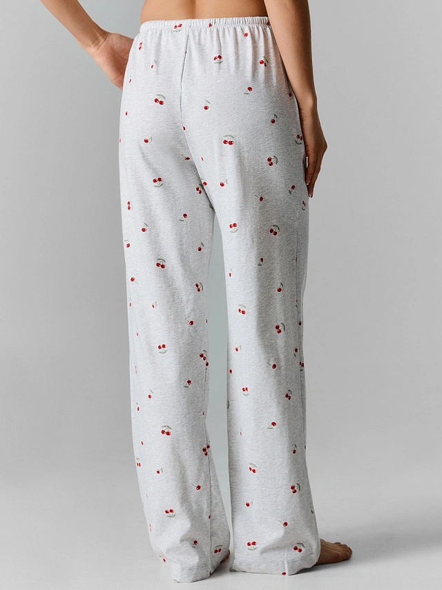 Брюки домашние женские серые с принтом вишенок из хлопка - 5
