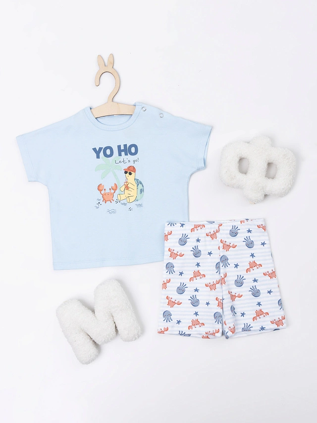 

Комплект детский (джемпер, шорты), Голубое небо +крабики и медузы на полоске, 25-39566П-2