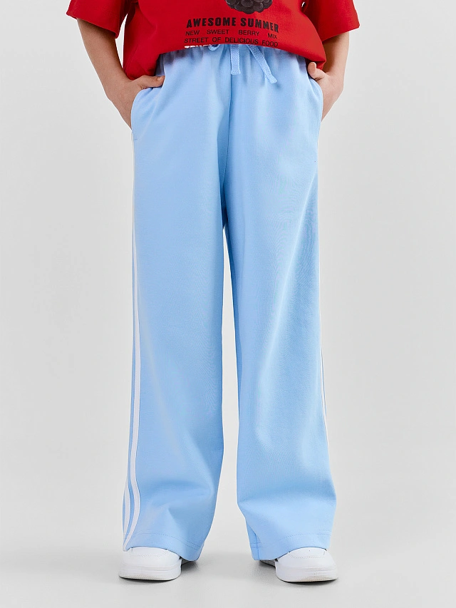 Брюки для девочек голубые прямого кроя с лампасами - 2