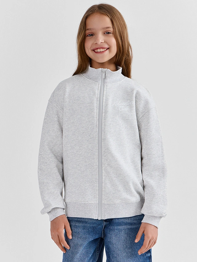 

Толстовка для девочек серая на молнии из хлопка, Серый меланж 4306-а +печать, 25Е-42083П-7