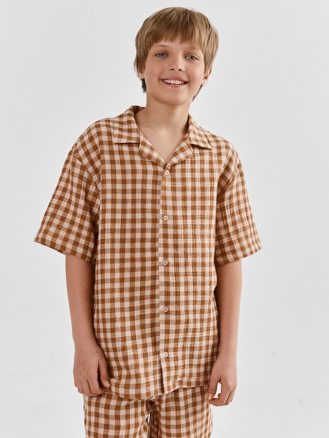Рубашка для мальчиков коричневая в клетку прямого кроя