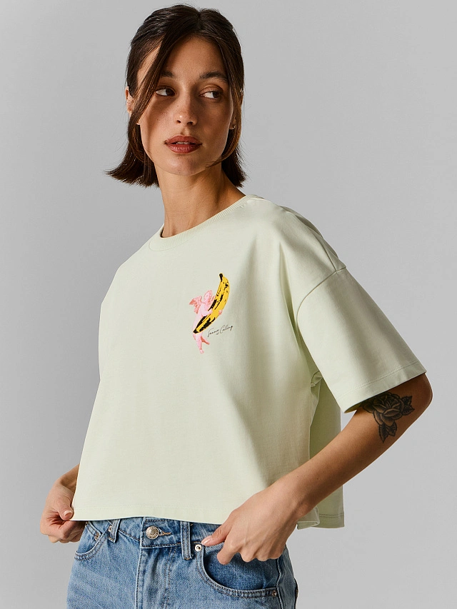 

Футболка женская светло-зеленая с принтом укороченная оверсайз, Снежная мята +печать, 25-41202П-0