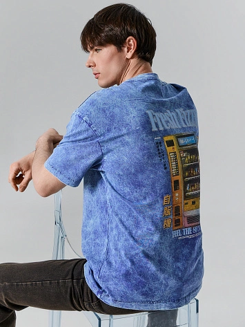 Футболка мужская синяя с принтом и обработкой эйсид