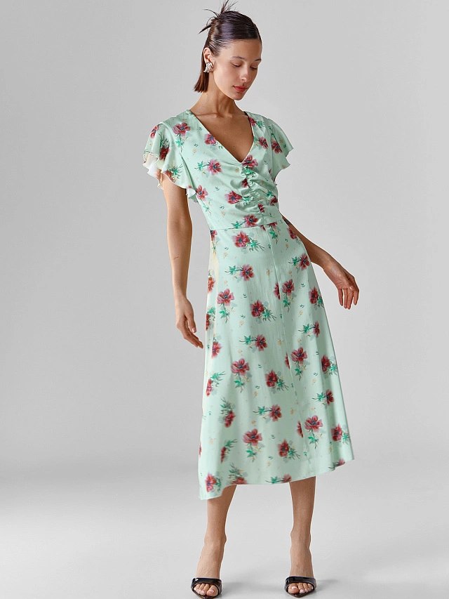 Платье женское миди с узором маков и драпировкой