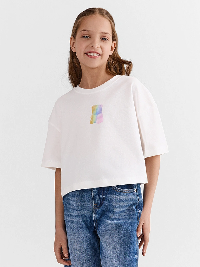 Футболка для девочек белая с принтом укороченная