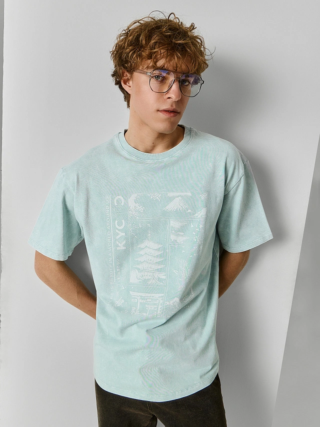 

Футболка мужская, Acid wash лазурный туман +печать, 25-ОБР5607П-0