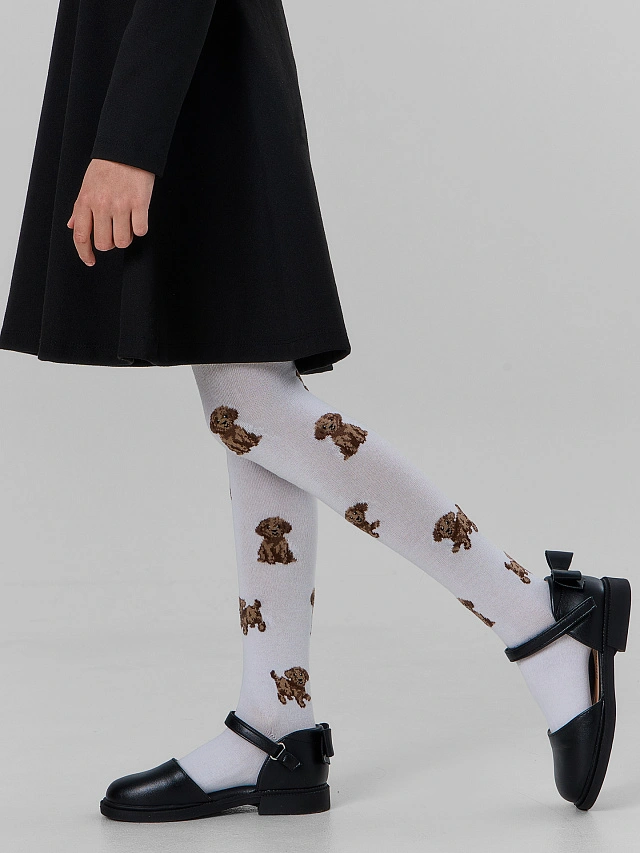 Колготки для девочек белые с рисунком в виде собачек