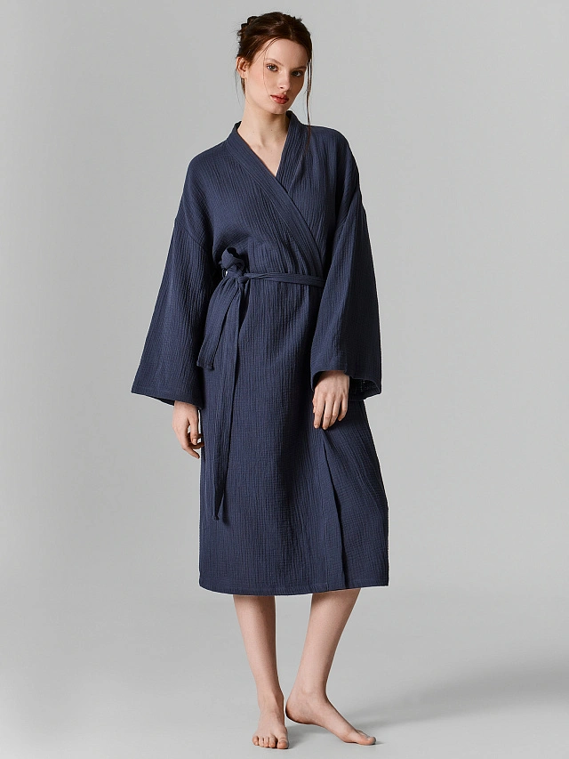 Халат женский серый длинный из 100% хлопка