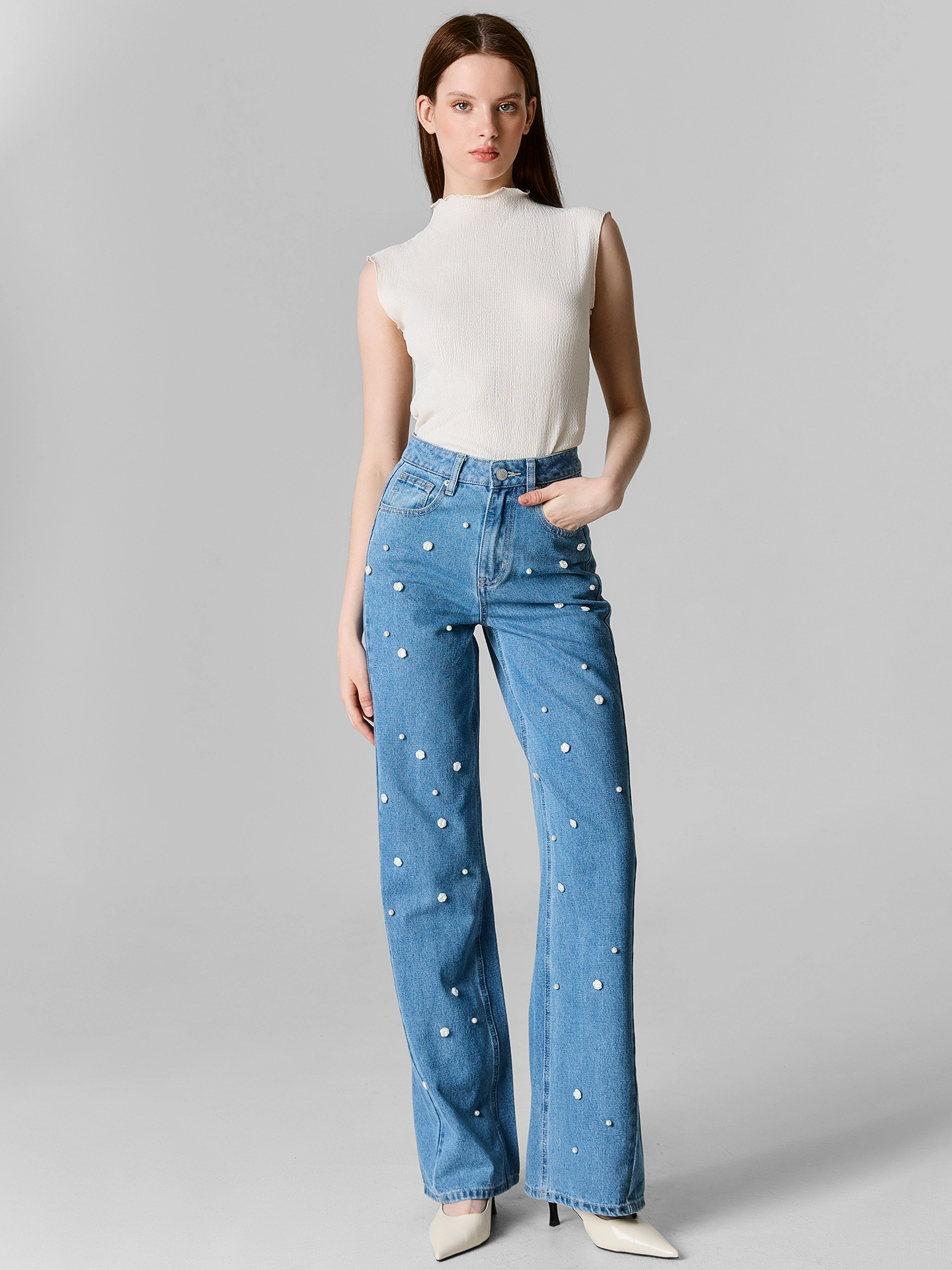 Джинсы Wide leg женские синие с декоративными элементами